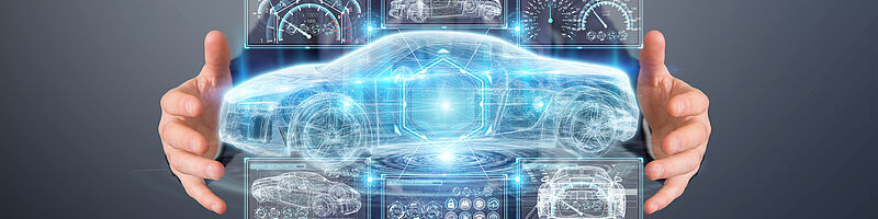 Fuhrpark_AdobeStock_200726262 Ein Mensch hält eine Projektion eines Autos virtuell in den Händen