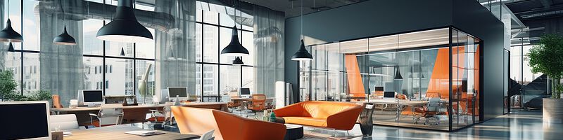 AdobeStock_652487229 Ein modernes Büro mit zwei orangen Couch