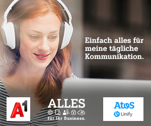 Werbung A1: Frau mit Kopfhören, Logo A1 und Atos, Text: Einfach alles für die Kommunikation. Alles für ihr Business.