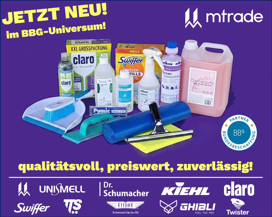 Der Hintergrund dieses Banners ist rein lila gehalten. Im Hintergrund sind diverse Putzmittel und Markennamen abgebildet. Rechts oben ist das Logo mtrade abgebildet und in der Mitte ist das Partner-Siegel zu sehen. Da es sich um ein GIF (bewegtes Bild) handelt, hat der Banner mehrere Sequenzen. In der ersten Sequenz steht links oben Jetzt „Neu – im BBG-Universum“, sowie im unteren Drittel die Begriffe, die zur Verdeutlichung genutzte werden:“ qualitätsvoll, preiswert, zuverlässig“ In der zweiten Sequenz steht links oben „Hier klicken – tolle Produkte zu fairen Preisen“ sowie im unteren Drittel „sparen Sie beim Preis und nicht bei der Qualität“ In der dritten Sequenz steht links oben „Hier klicken – Sie werden es nicht bereuen“ sowie im unteren Drittel „Fami-lienunternehmen aus Österreich – seit 2003“ Auf der letzten Seite steht links oben „Hier klicken – uns Sie werden sich freuen!“  Zusätzlich sind hier anstelle der abgebildeten Putzmittel nun einige Begriffe zu den Produktgruppen angeführt, wie u.a. Müllsäcke, Duftmatten, Reinigungsmittel, Seife