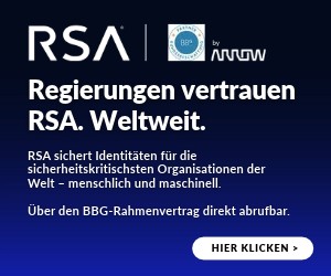 Der Hintergrund dieses Banners ist im Farbverlauf von Schwarz ins dunkelblau gehend. Rechts oben ist das Partner-Siegel abgebildet. Links oben ist mit weißer Schrift das Logo RSA by Arrow abgebildet, der weitere Text ist ebenfalls in weiß geschrieben. Darunter steht geschrieben: „Regierungen vertrauen RSA. Weltweit. RSA sichert Identitäten für die sicherheitskritischsten Organisationen der Welt - menschlich und maschinell. Über den BBG-Rahmenvertrag direkt abrufbar.“ Darunter ist eine Art Button zu sehen „hier klicken“