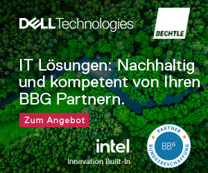 Auf diesem Banner ein Waldgebiet aus der Vogelperspektive zu sehen, ein Fluss durchquert den Wald. Im oberen Bereich des Bildes sind die Logos der Firmen Dell Technologies und Bechtle abgebildet.  Darunter steht ein griffiger Satz: „IT Lösungen: Nachhaltig und kompetent von Ihren BBG Partnern.“ Darunter ist ein roter Button, der zum Angebot führt. Unten von mittig steht „Intel Innovation Built In“. Rechts daneben ist das Partner-Sieger der BBG abgebildet.