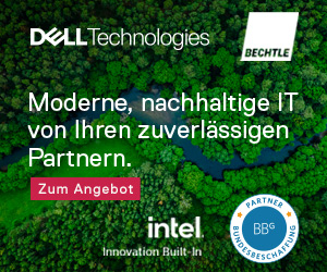Auf diesem Banner ein Waldgebiet aus der Vogelperspektive zu sehen, ein Fluss durchquert den Wald. Im oberen Bereich des Bildes sind die Logos der Firmen Dell Technologies und Bechtle abgebildet.  Darunter steht ein griffiger Satz: „Moderne, nachhaltige IT von Ihren zuverlässigen Partnern.“ Darunter ist ein roter Button, der zum Angebot führt. Unten von mittig steht „Intel Innovation Built In“. Rechts daneben ist das Partner-Sieger der BBG abgebildet.