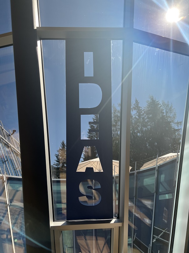 Ein transparenter, vertikaler Schriftzug mit dem Wort "ideas" vor einem Fenster der Congress Centrum des European Forum Alpbach
