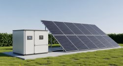 Eine Photovoltaikanlage steht draußen neben zwei Generatoren