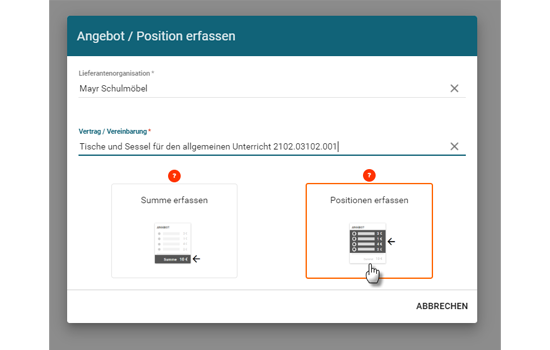 Screenshot der Angebotserfassung im e-Shop