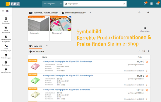 Screenshot e-Shop Oberfläche: Erklärungen im Text.