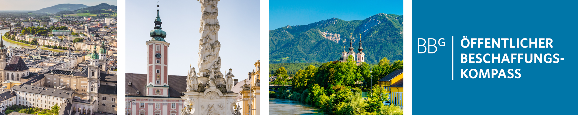 Logo der Veranstaltung und je ein Bild von Salzburg, St. Pölten und Villach