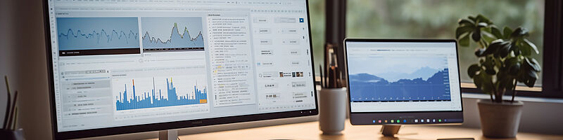 zwei Bildschirme mit Tastatur und Maus stehen am Schreibtisch